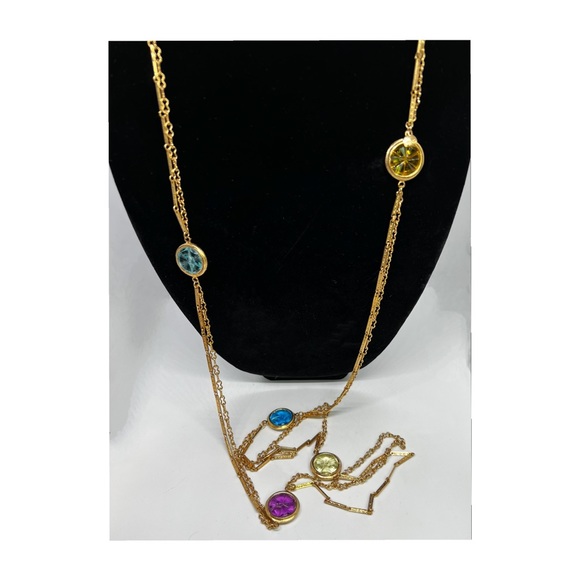 Vintage Judy Lee Gold Hue Colorful Cut Glass 50”L Necklace - Picture 2 of 8